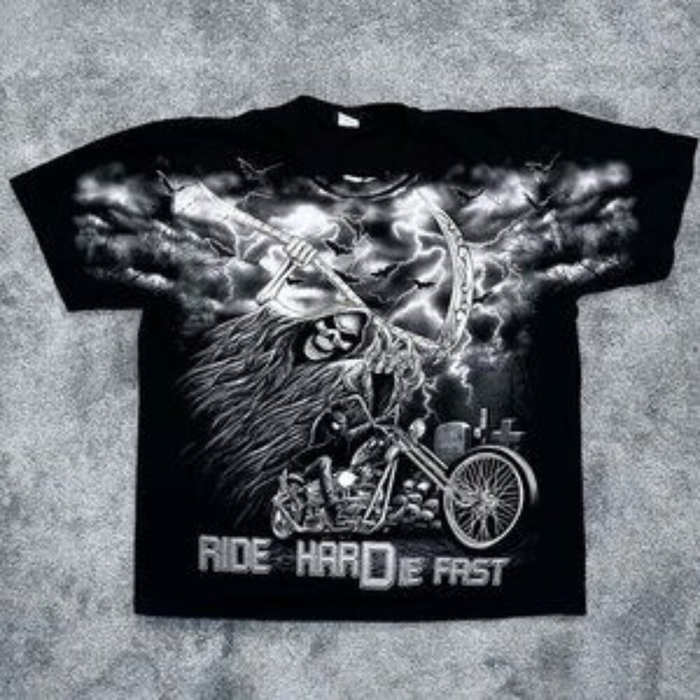 Ride Hard Die Fast Biker Motif Men’s T-Shirt 2XL Black Skull AOP Reaper Death